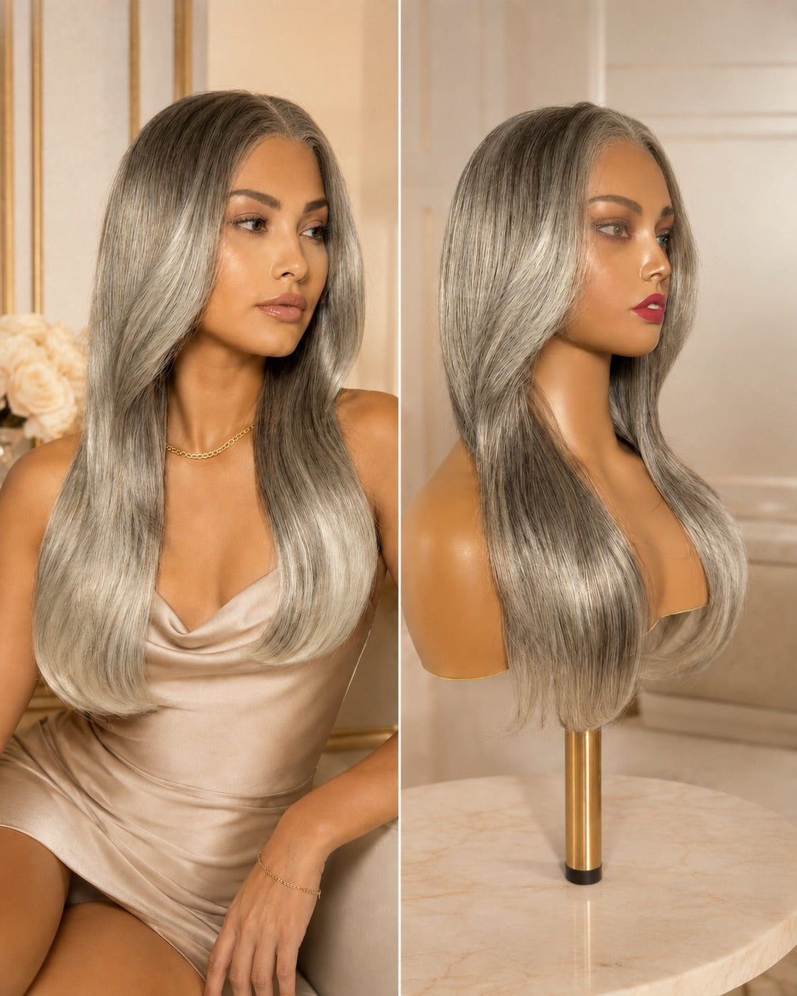 Synthetic lace wig with long straight silver-gray hair, side profile with layered ends