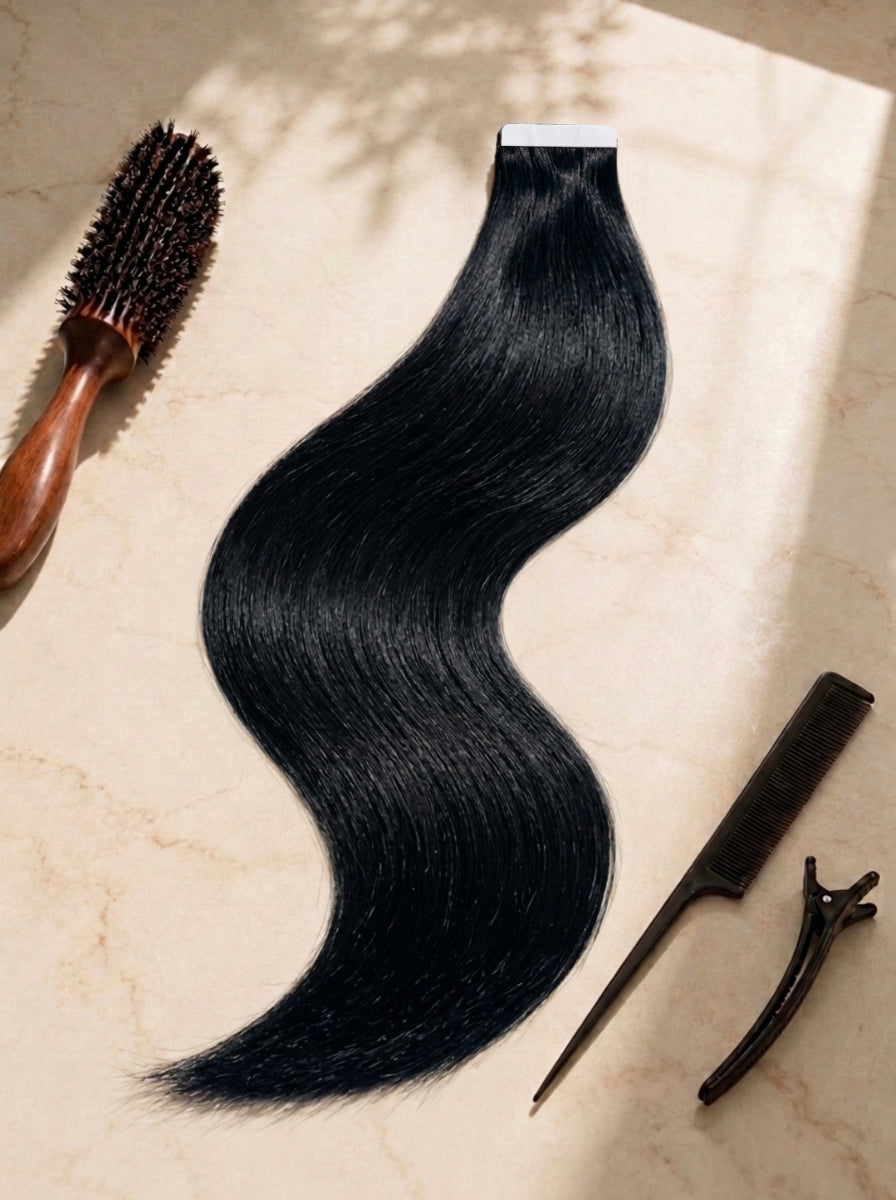 Straight tape-in hair extension piece, long dark wavy bundle with visible tape tabs