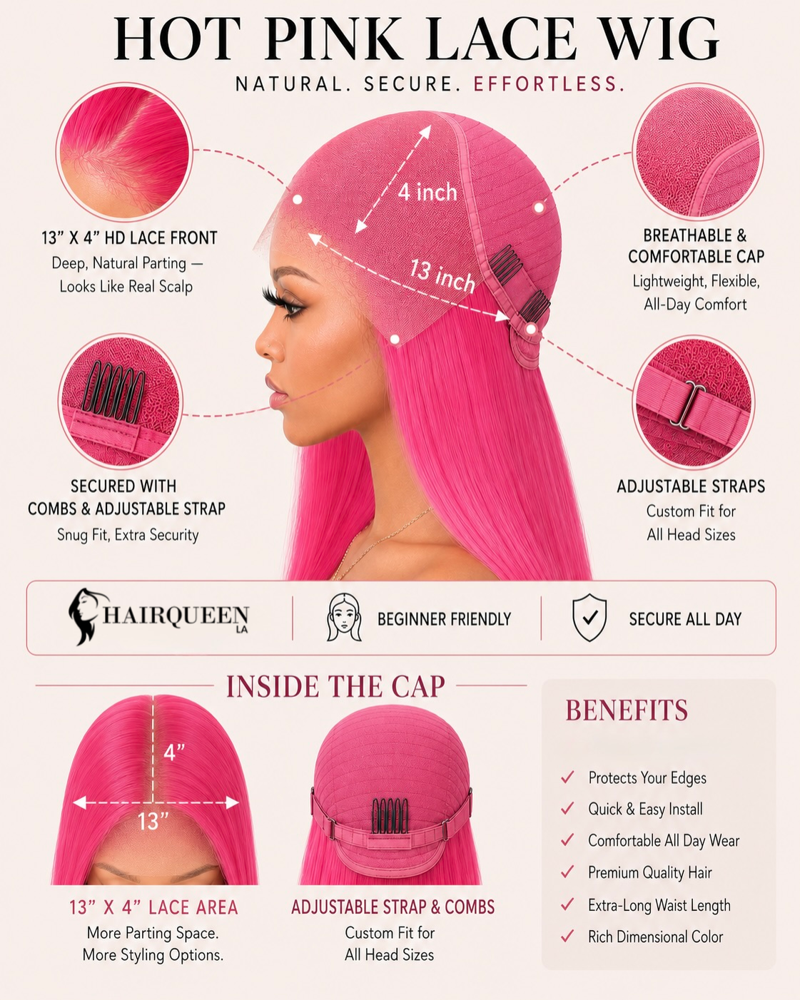 Hot pink lace wig with 13x4 lace front, breathable cap, adjustable straps, and combs.