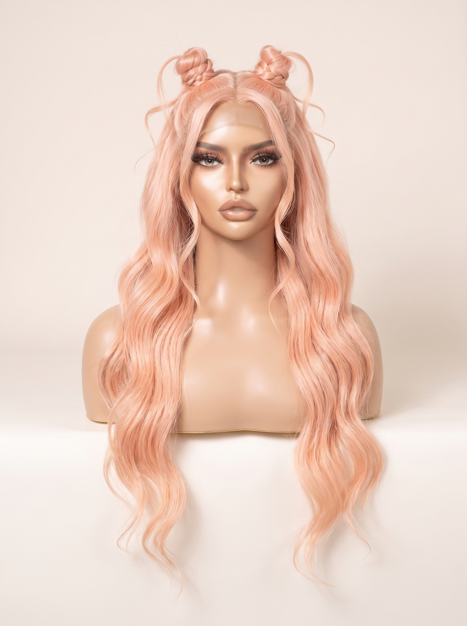 Mannequin wearing baby pink long wavy wig with braided double-top knots