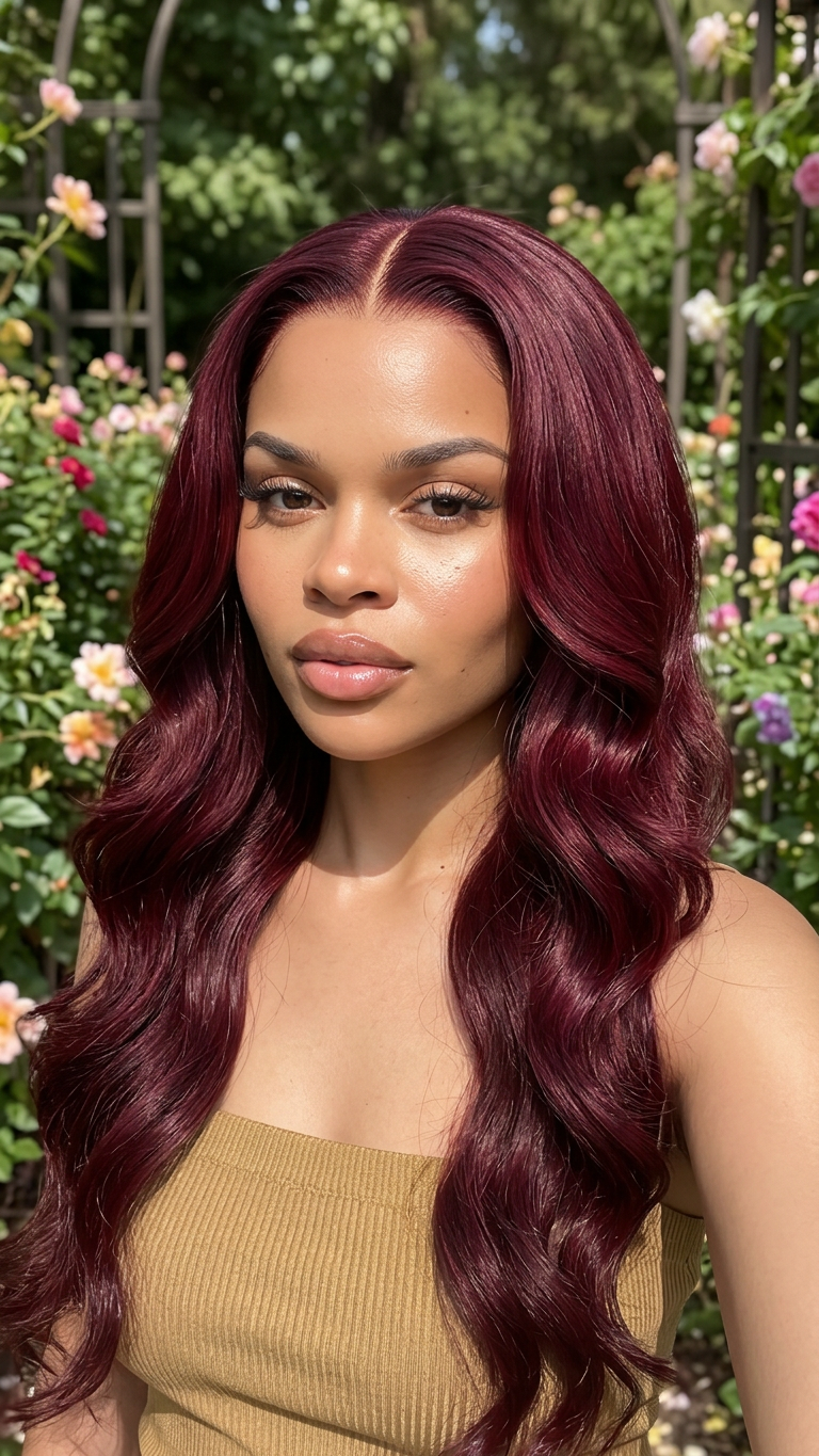Cleo burgundy lace wig with long loose waves, side part, natural-looking hairline
