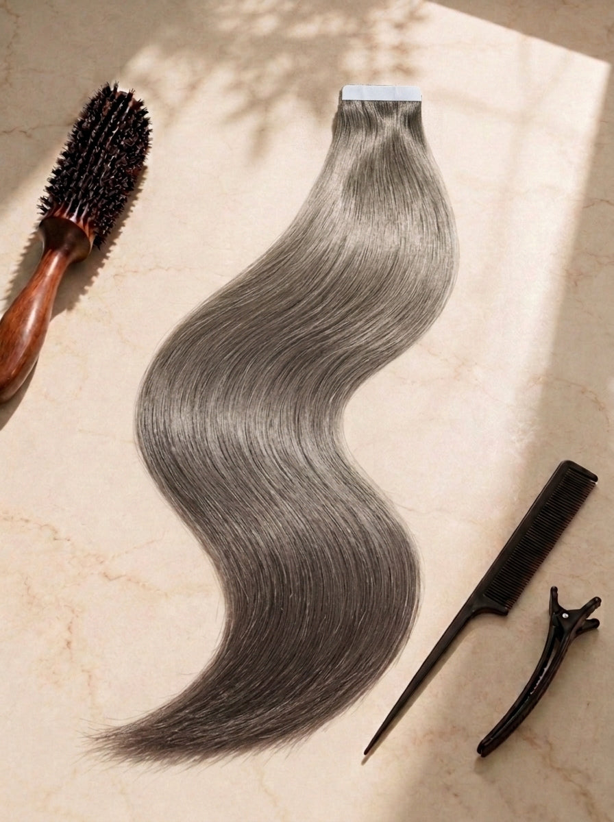 Straight tape-in hair extensions, dark gray tone with tape weft and clips