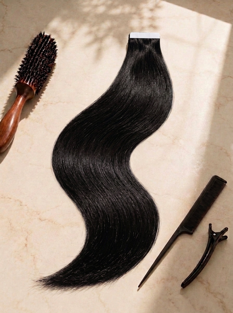 Straight tape-in hair extension piece, long near-black wavy bundle with visible tape tabs