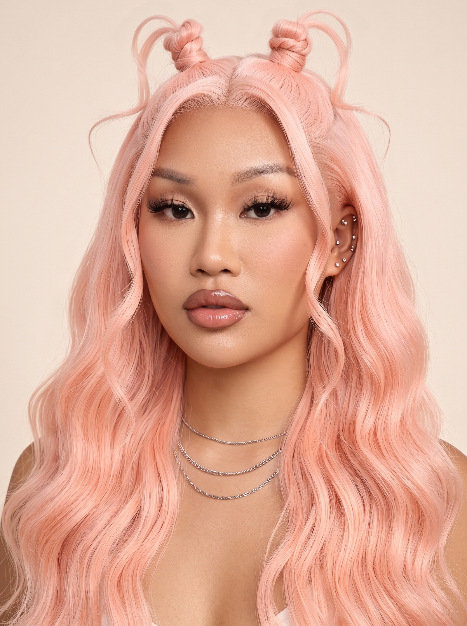Close-up of baby pink long wavy wig with twin top knots and natural hairline