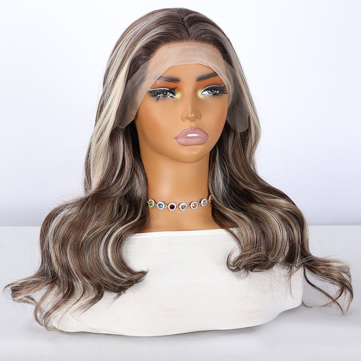 Long curly synthetic wig, dark brown with platinum blonde highlights, center part