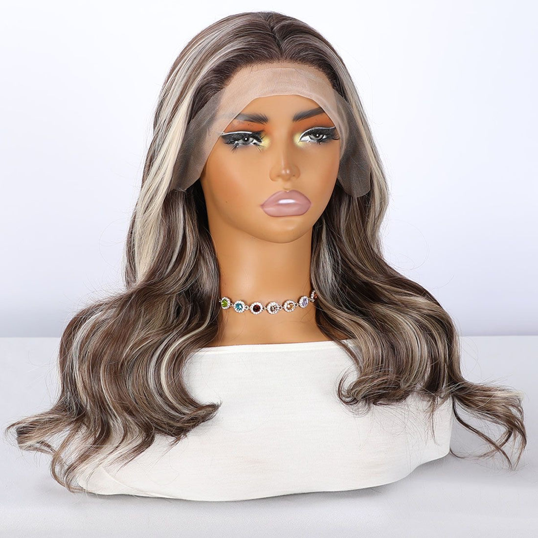 Long Brown Curly Synthetic Blend Wig with Platinum Blonde Highlights