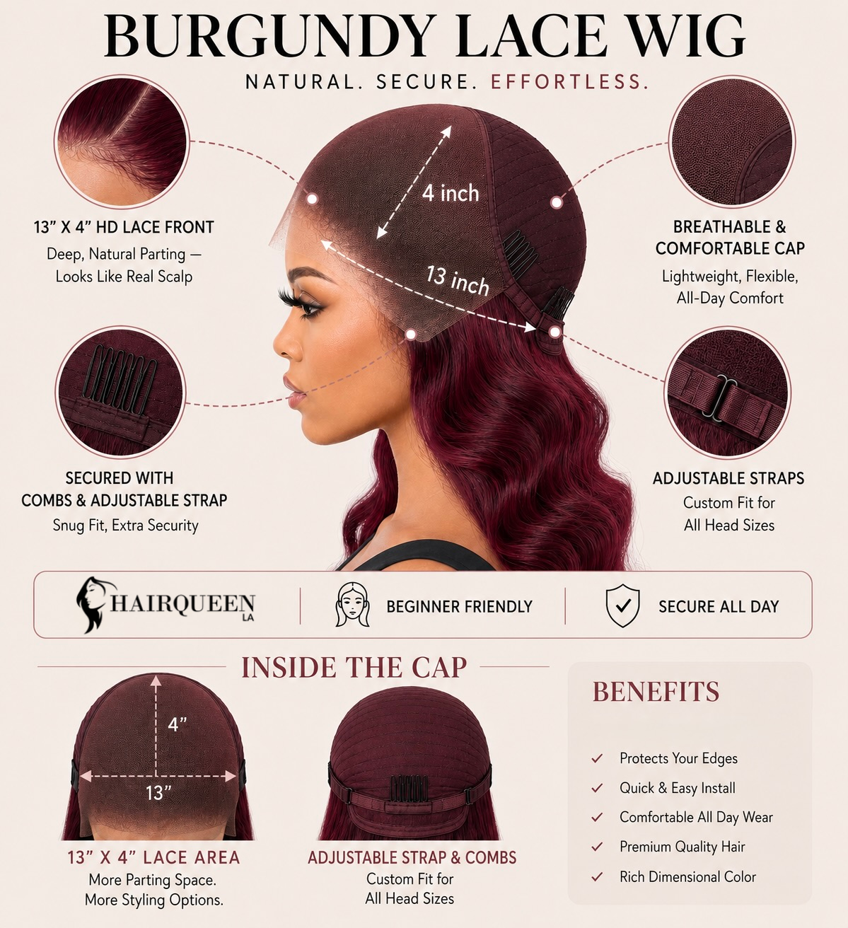 Burgundy lace wig cap infographic showing 13x4 lace front and adjustable straps
