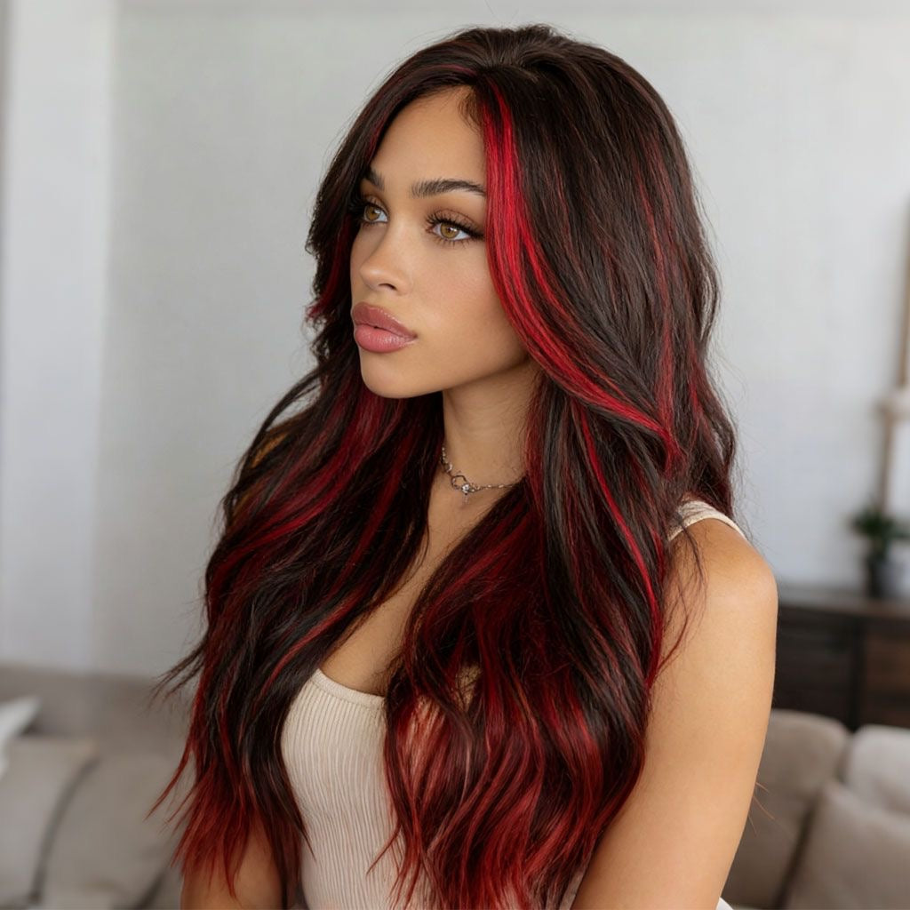 Long loose wavy wig, dark hair with bright red streaks, side profile view.