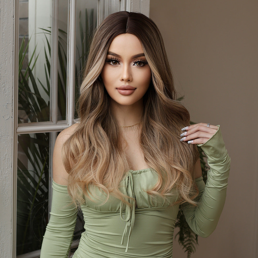 Long wavy wig with dark roots, light brown base and blonde icy highlights, center part