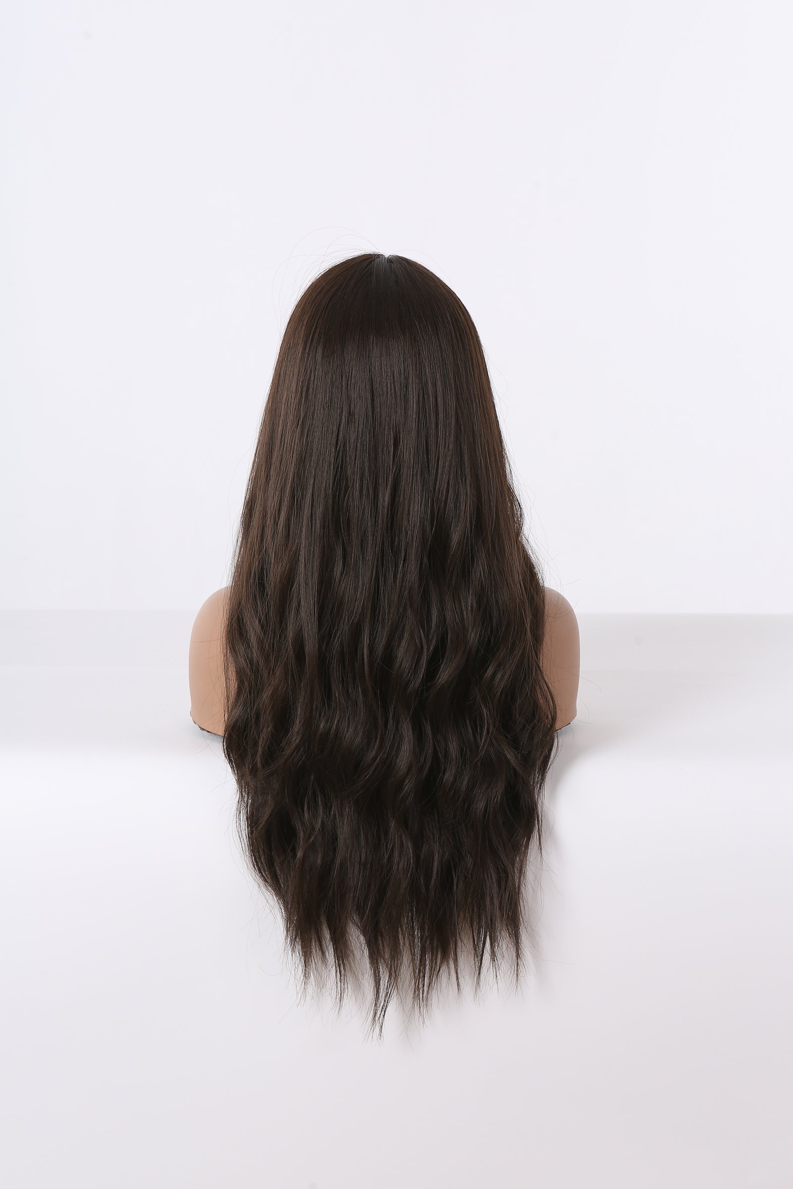 Long brunette wavy wig, full back view