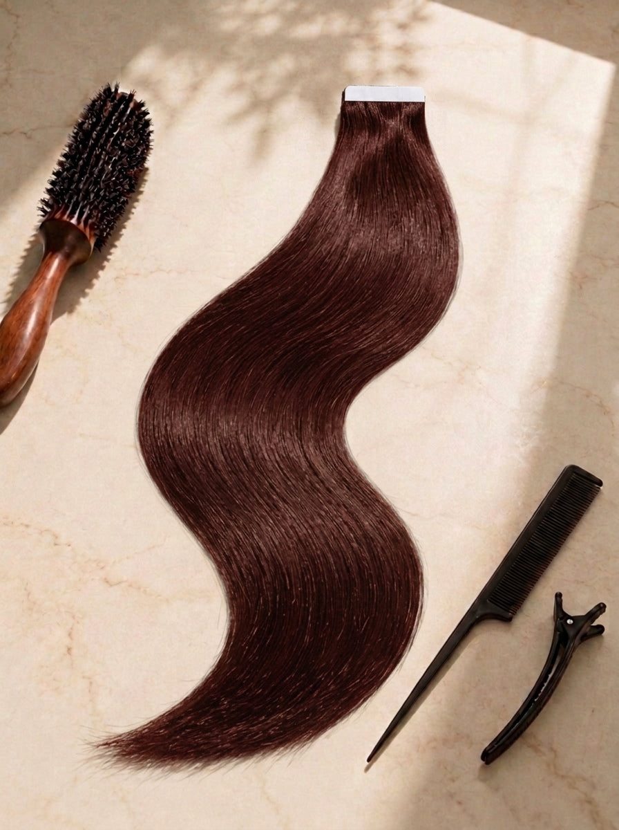 Straight tape-in hair extensions, dark auburn tone with tape weft and clips