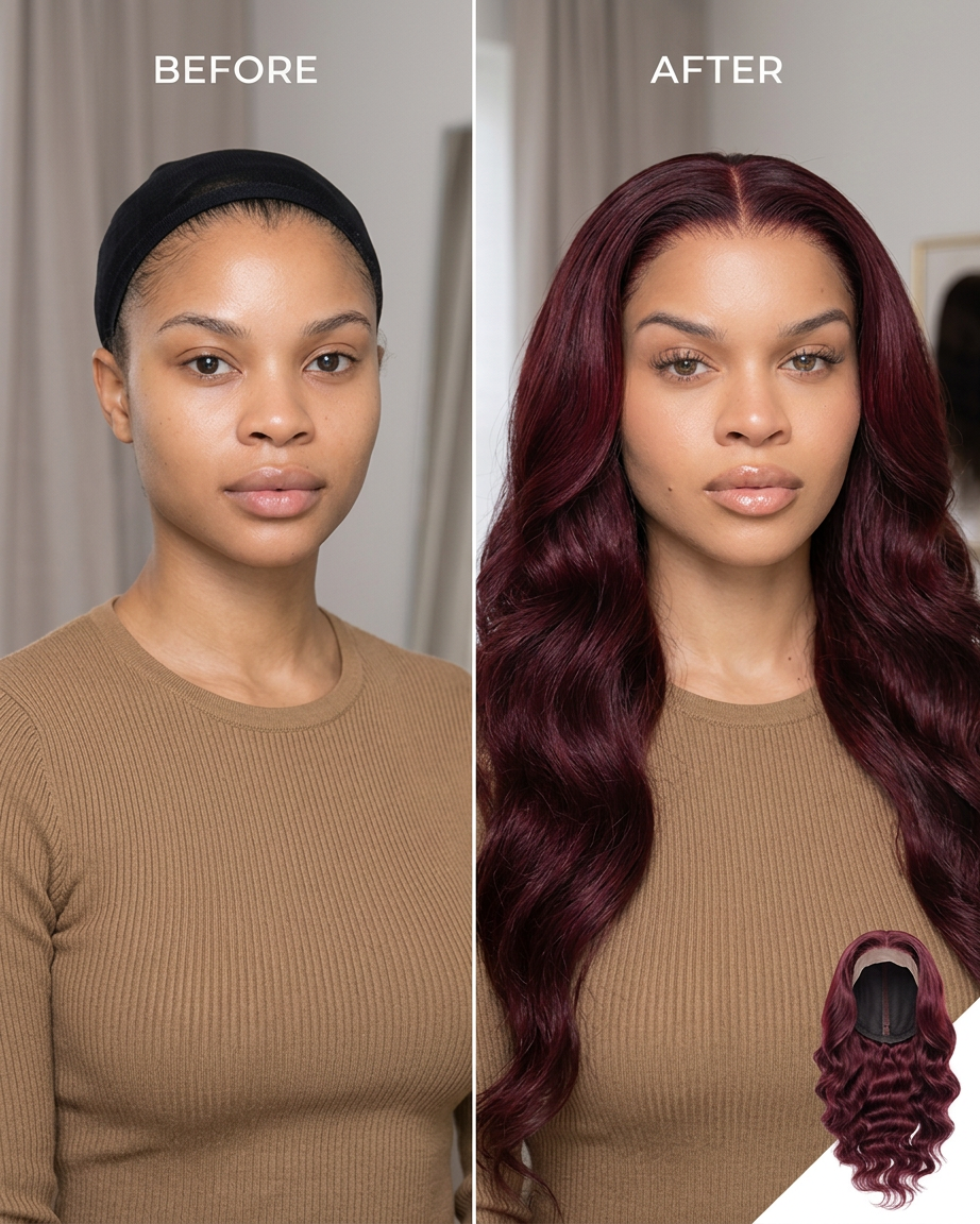 Burgundy lace wig after styling on model, long waves with deep side part