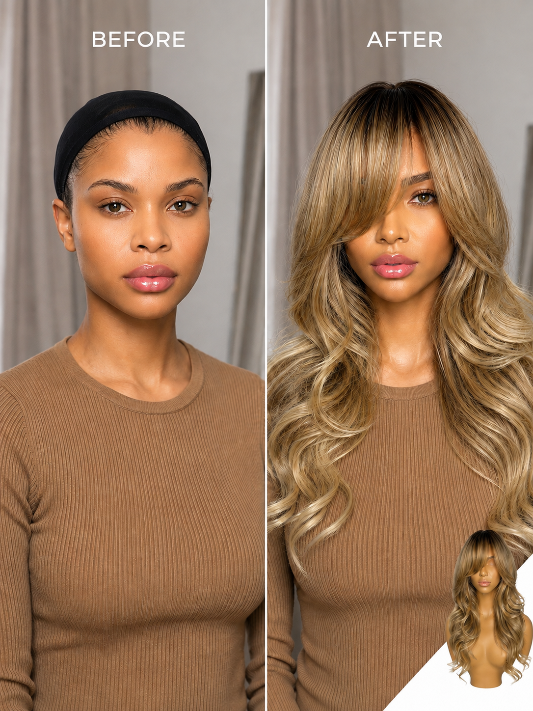 Before-and-after: honey blonde synthetic wig with long wavy style on model
