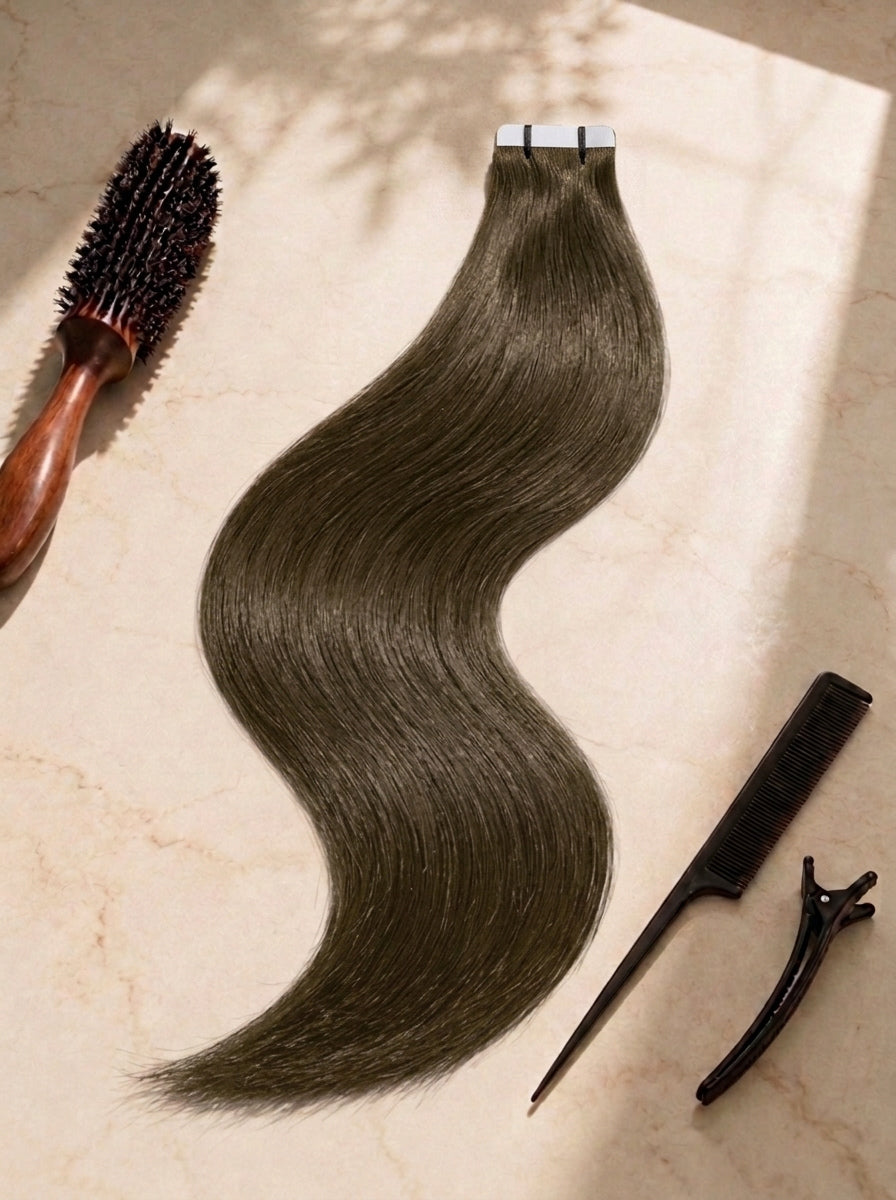 Straight tape-in hair extension piece, long olive-brown wavy bundle with visible tape tabs