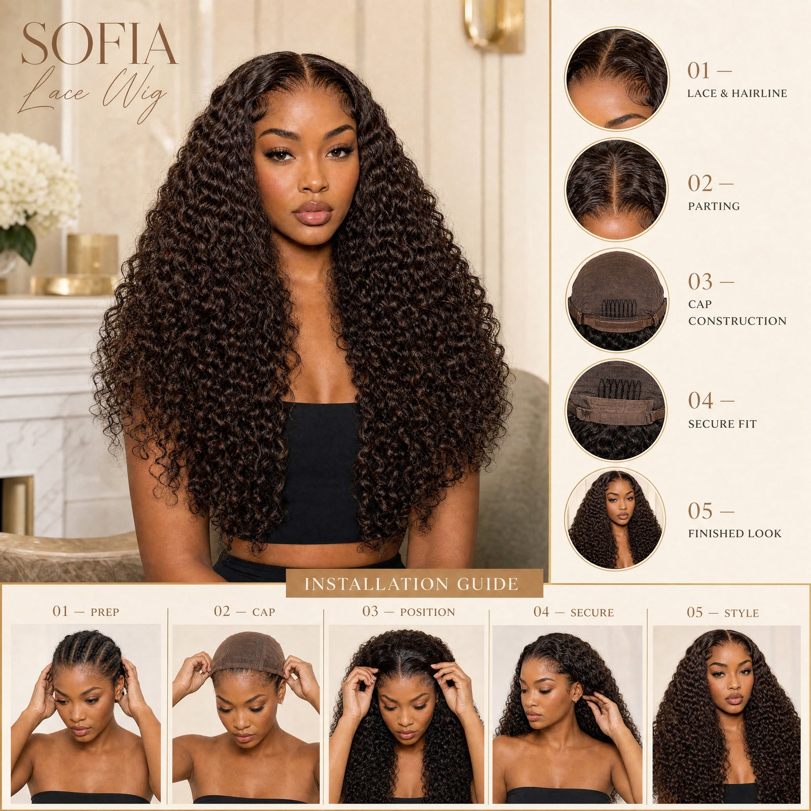 Sofia deep curly lace wig, dark brown curls with center part and lace construction