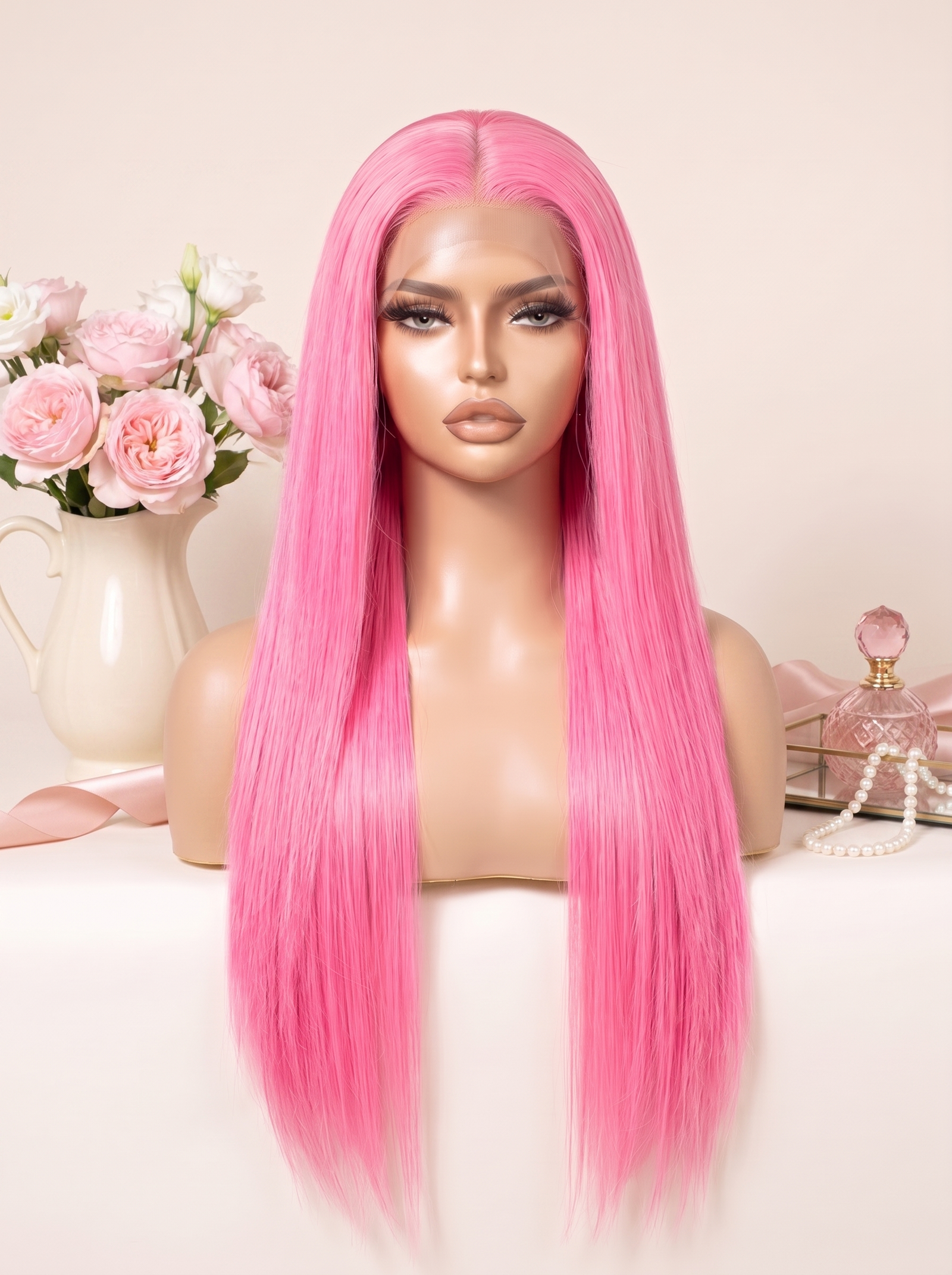 Hot pink lace front wig with center part, long smooth straight hair on mannequin
