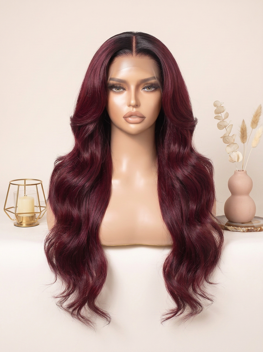 Burgundy lace wig on mannequin, long wavy hair, center part with full volume