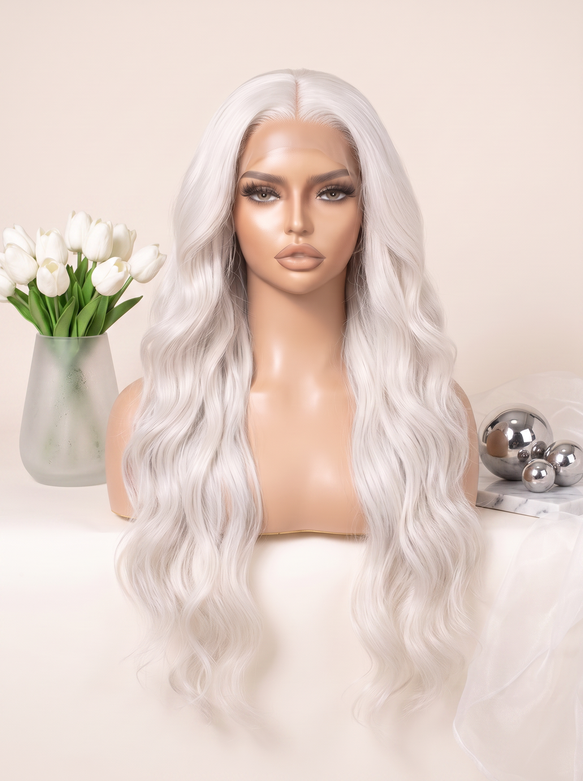 Long lace wig with long wavy platinum-silver hair, side-framing layers