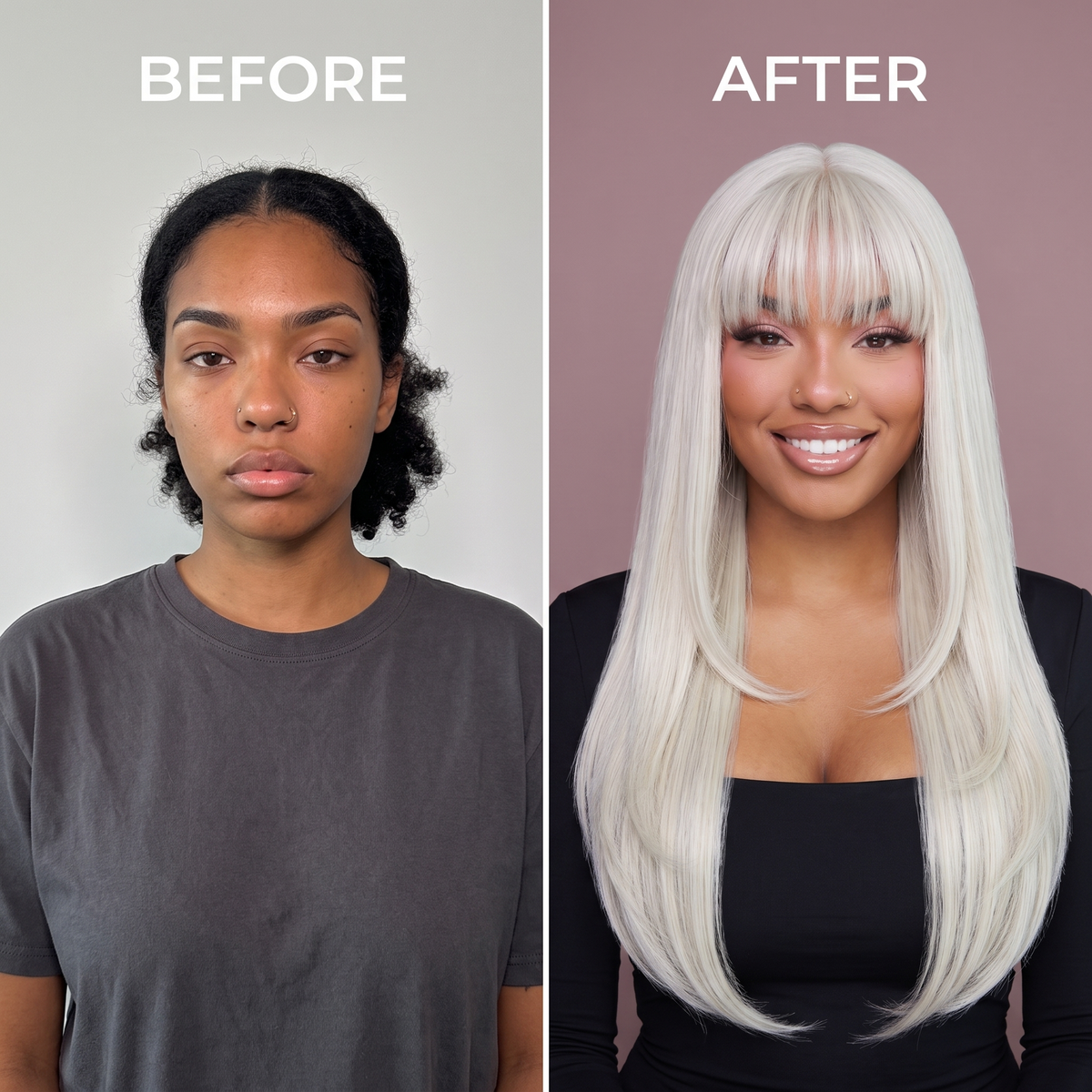 Ice-bang lace wig in platinum-white with long straight hair and blunt bangs