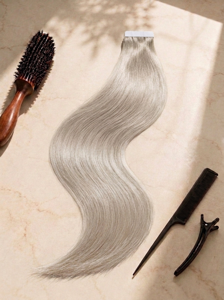 Straight tape-in hair extensions, silver gray tone with tape weft and clips