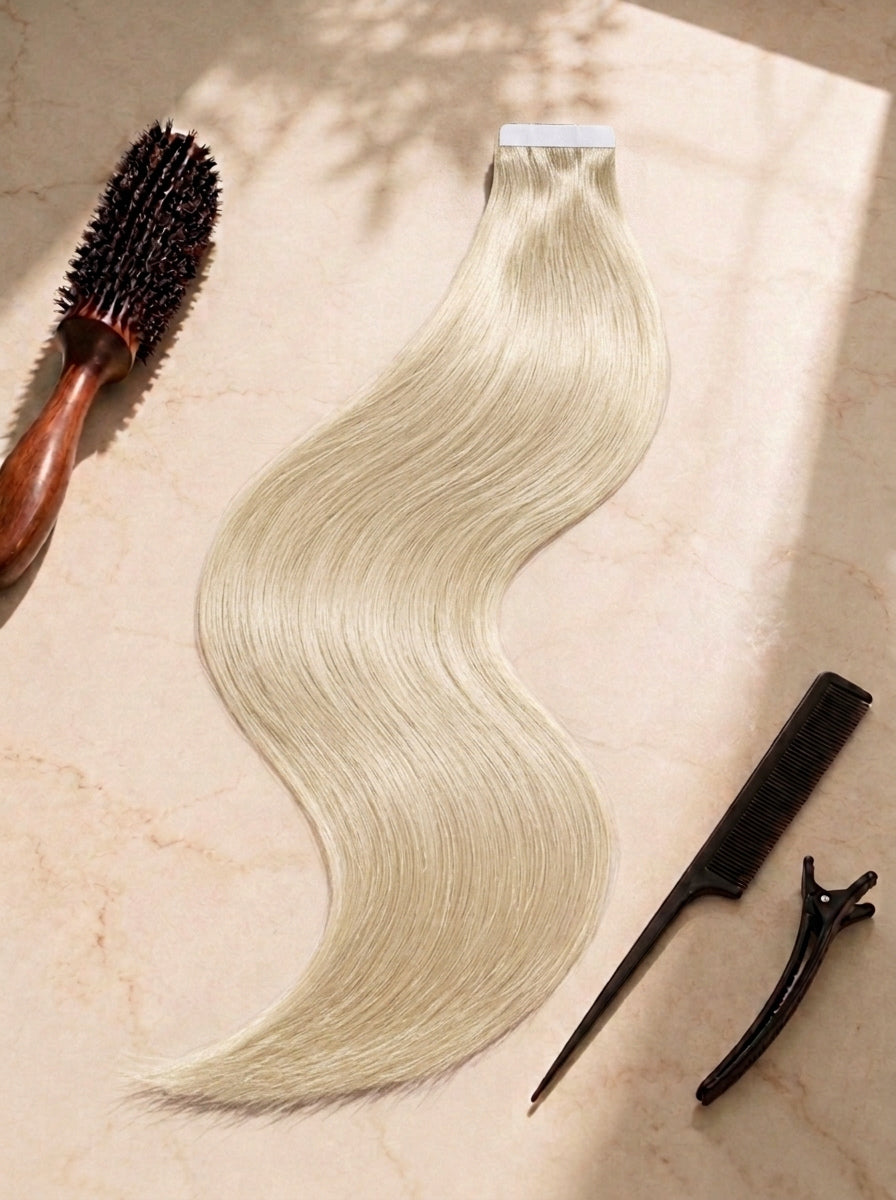 Straight tape-in hair extensions, pale blonde tone with tape weft and clips