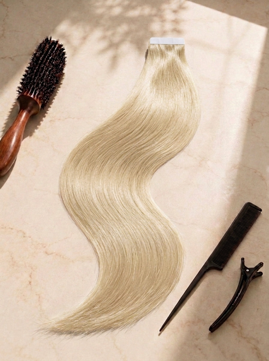 Straight tape-in extensions, long smooth waves, light blonde, tape tab at top.