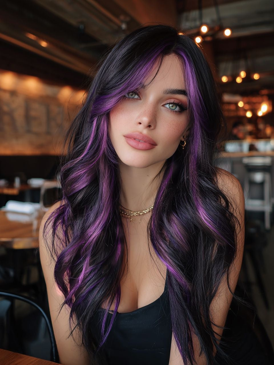 Long wavy wig with black hair and purple highlights, side part
