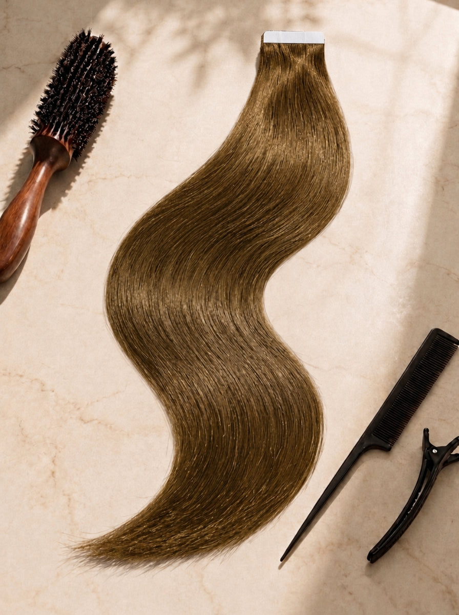 Straight tape-in hair extension piece, long warm brown wavy bundle with visible tape tabs