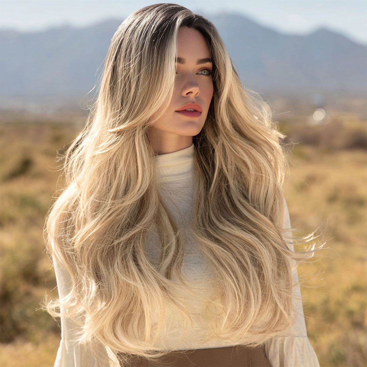 Synthetic blend wig with long wavy sandy blonde highlights and curtain bangs