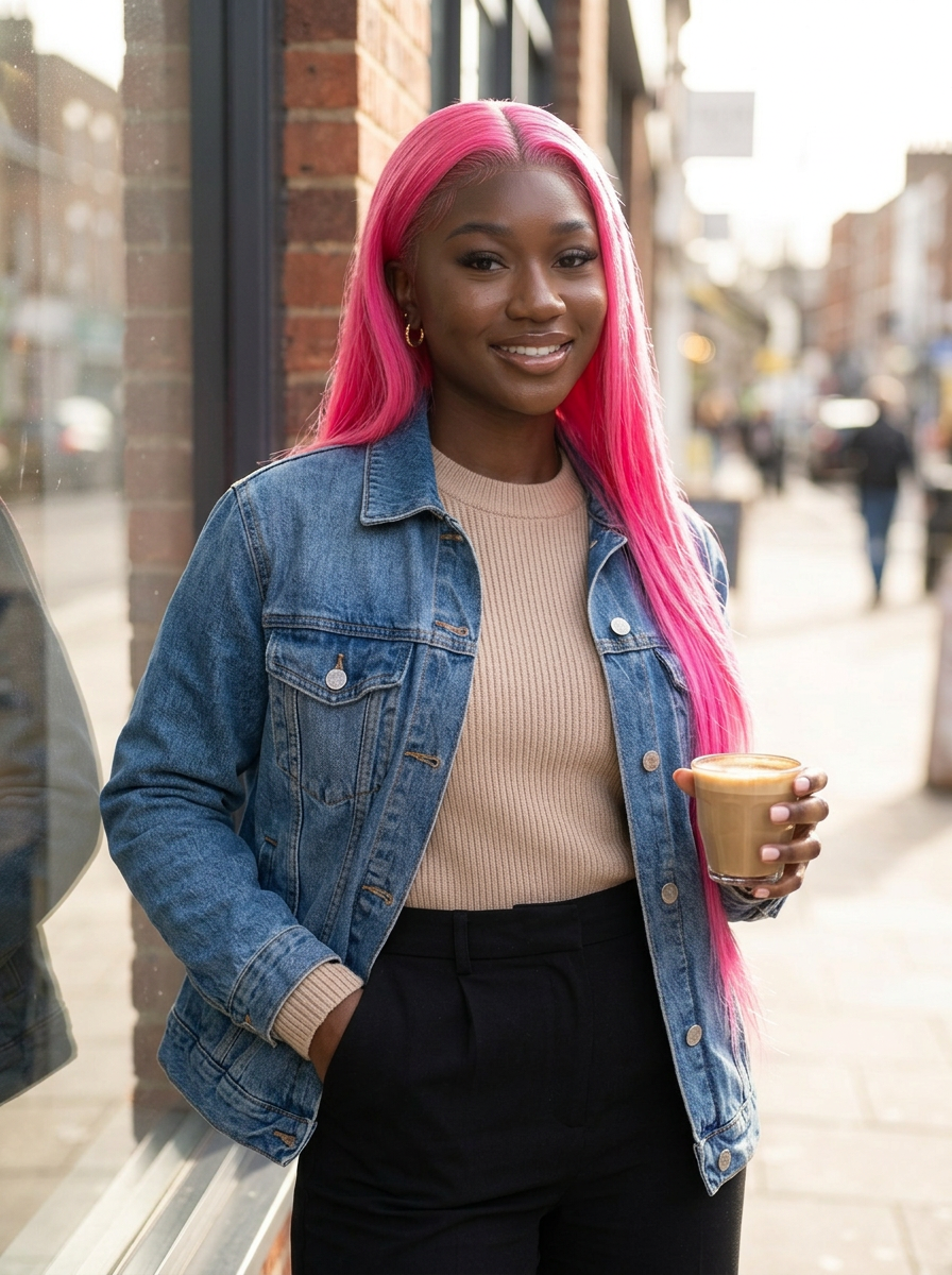 Hot pink lace wig worn with long straight hair, pink lace front and full coverage cap.