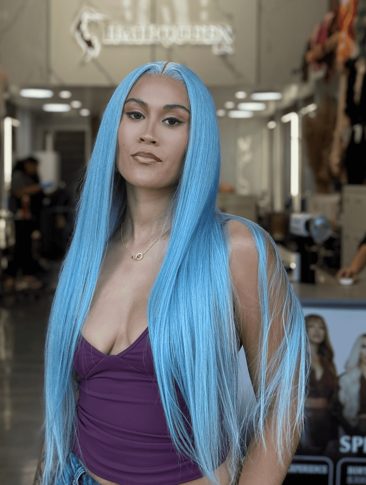Icy blue long straight wig, center part, full length with slight side angle