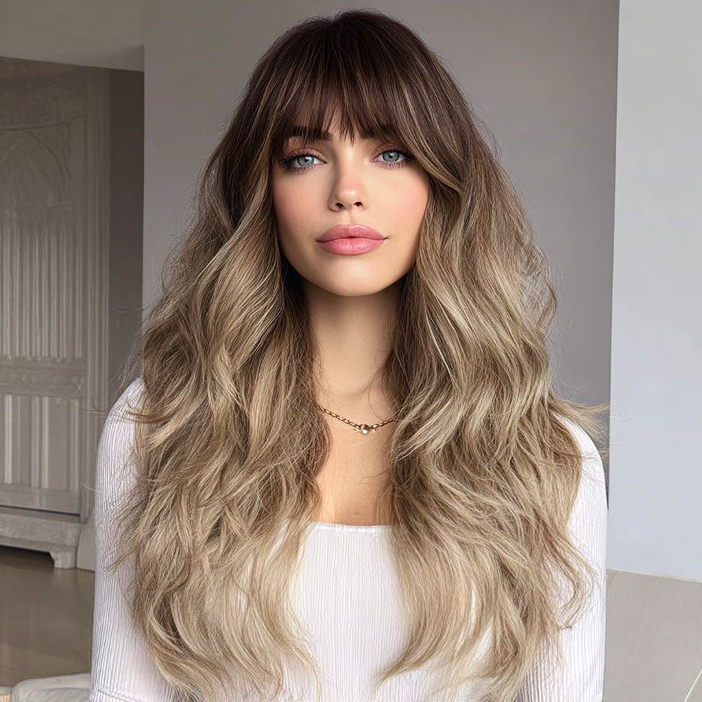 Long wavy synthetic wig, dark roots, straight bangs, dirty blonde