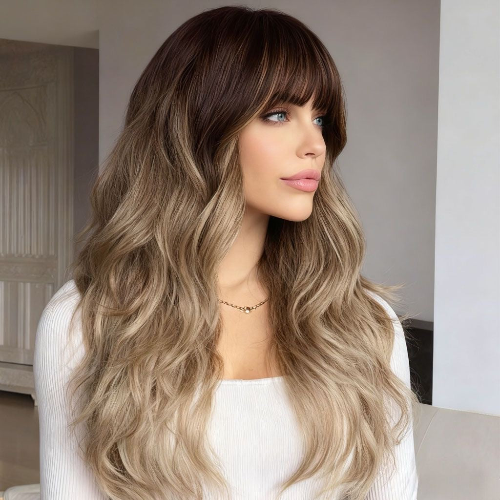 Long wavy synthetic wig, dark roots, bangs, dirty blonde layered waves