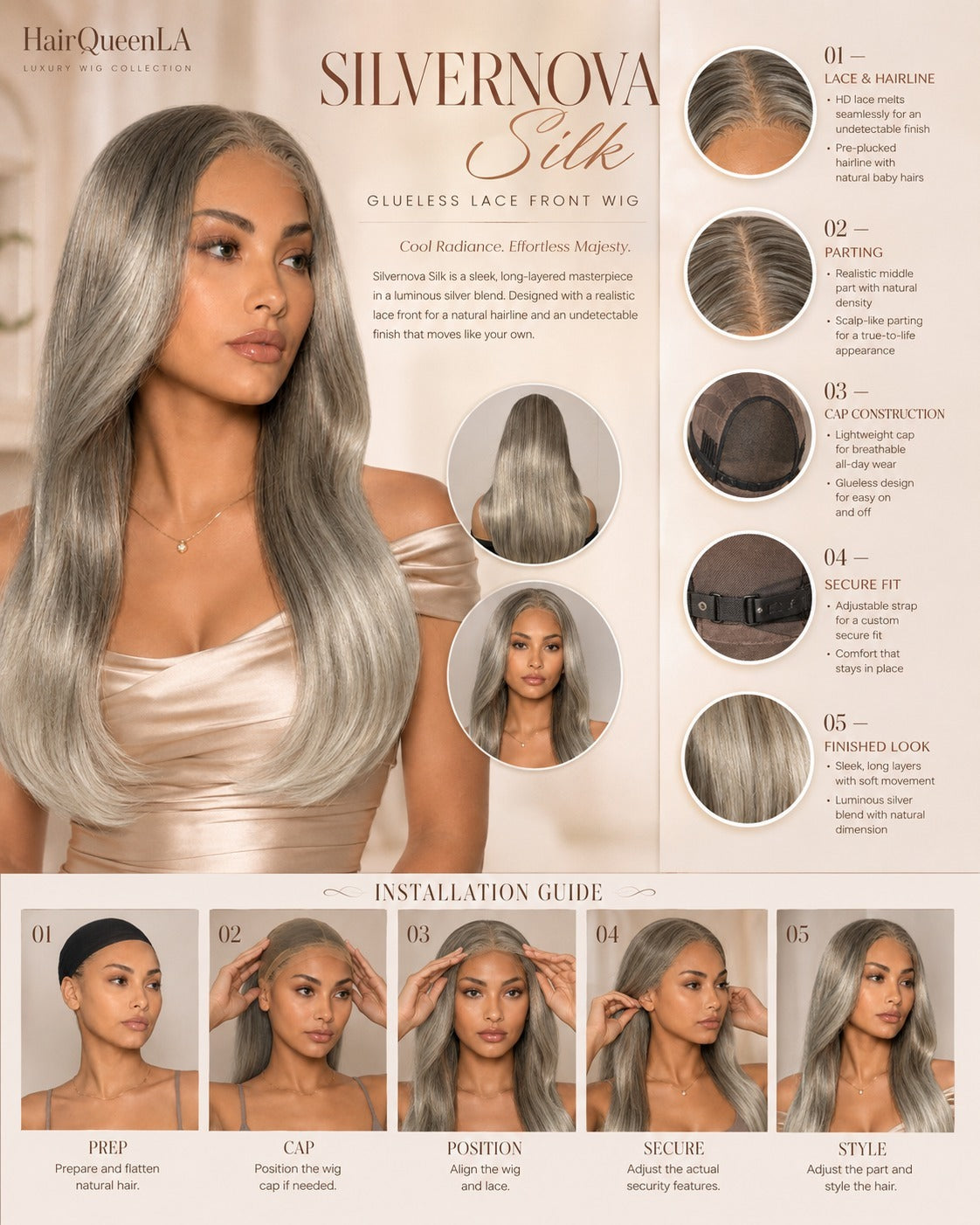 Synthetic lace wig box labeled Silvernova Silk with color shade options
