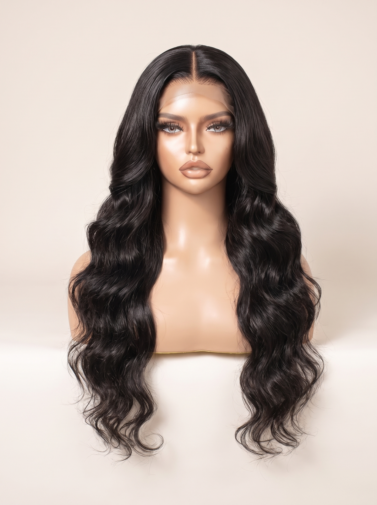 Black long wavy lace wig on mannequin head, center part