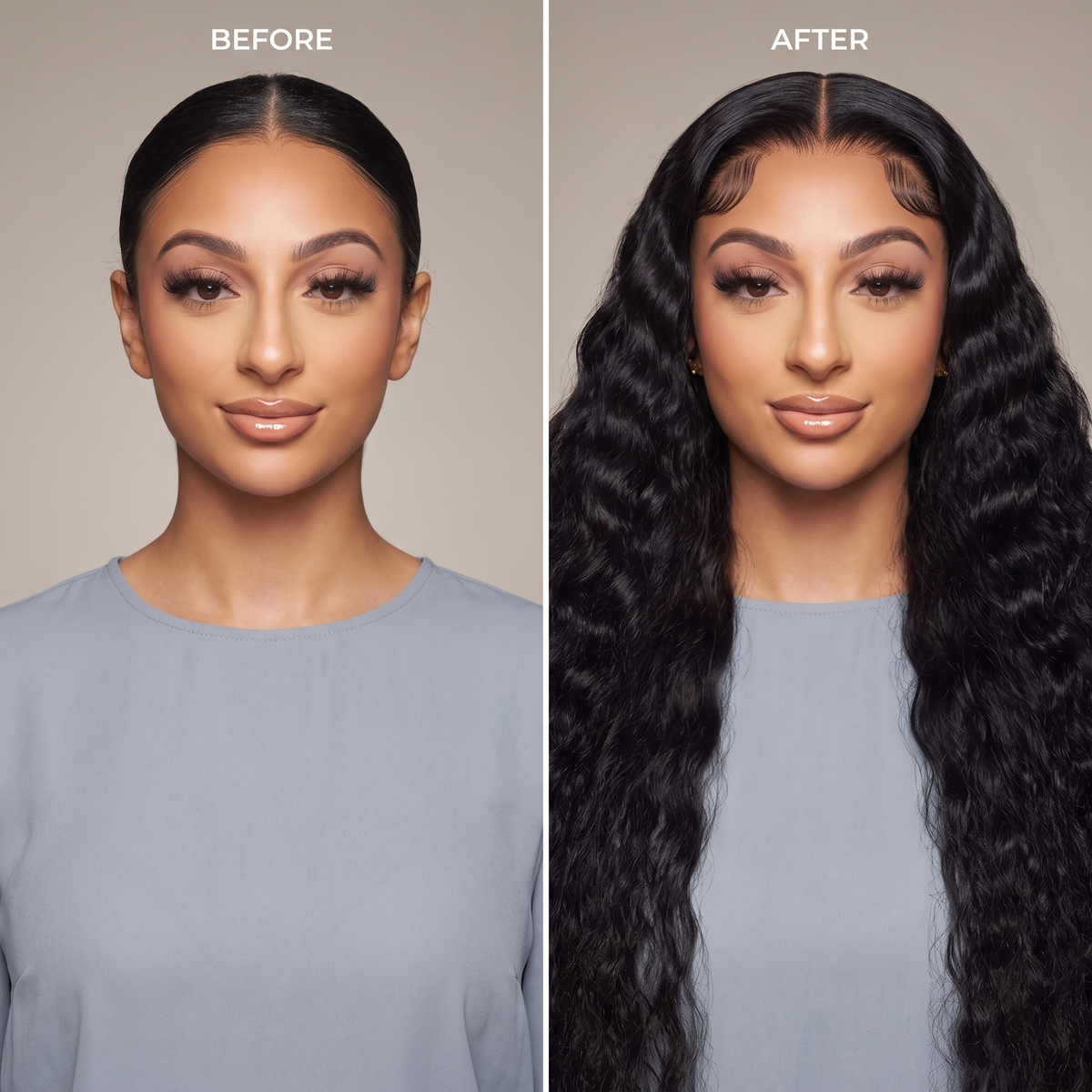 Long black crimped lace wig with voluminous curls and center part.