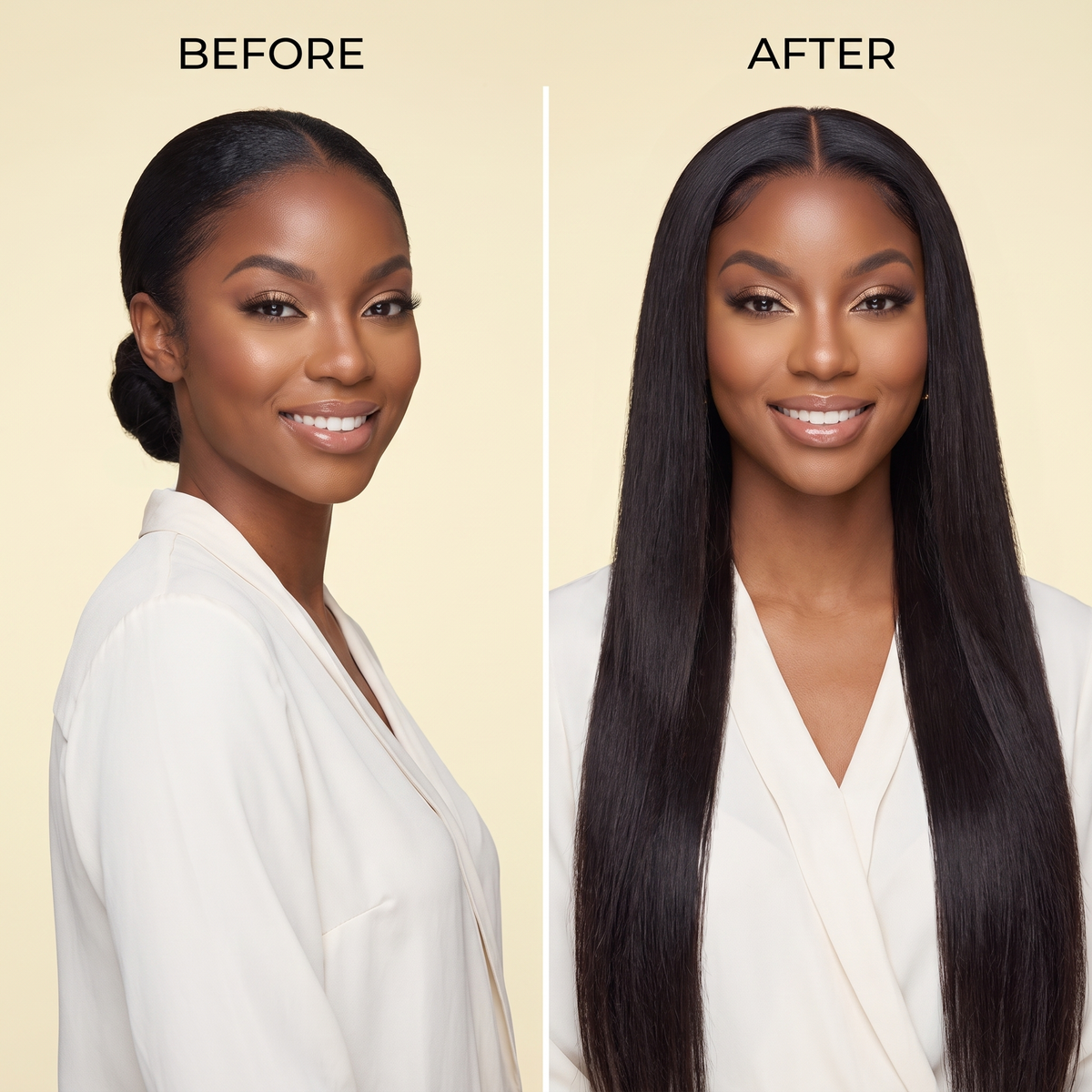 Long straight black wig on model, smooth hair with center part