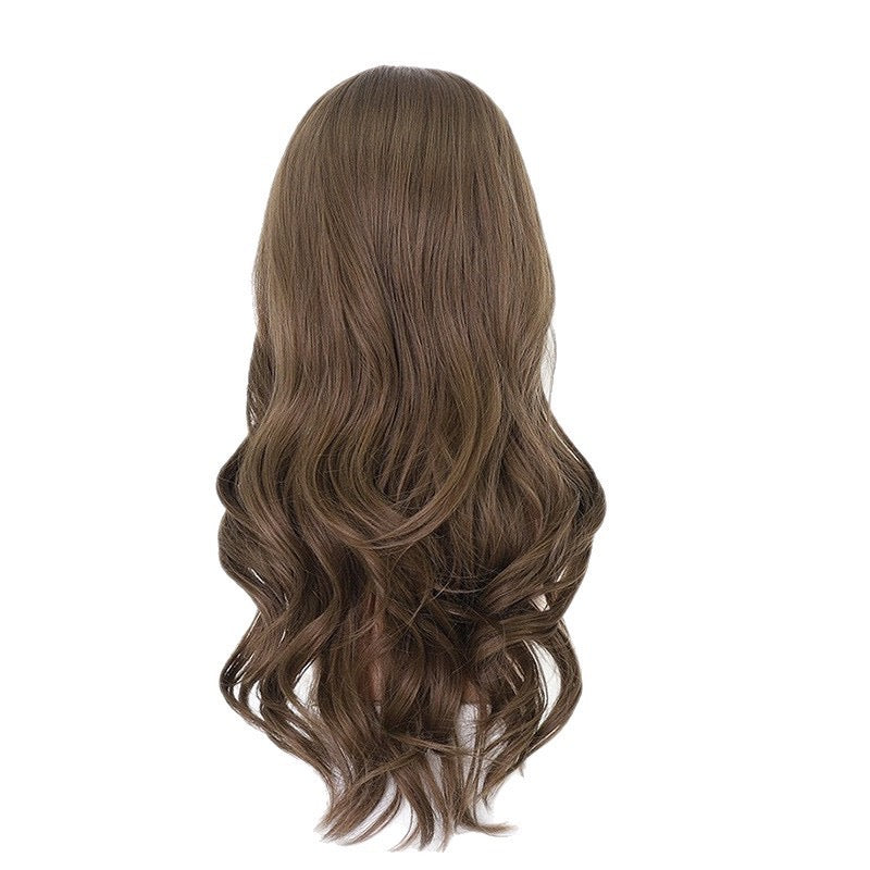 Brown curly synthetic blend wig, back view with loose waves and layered texture
