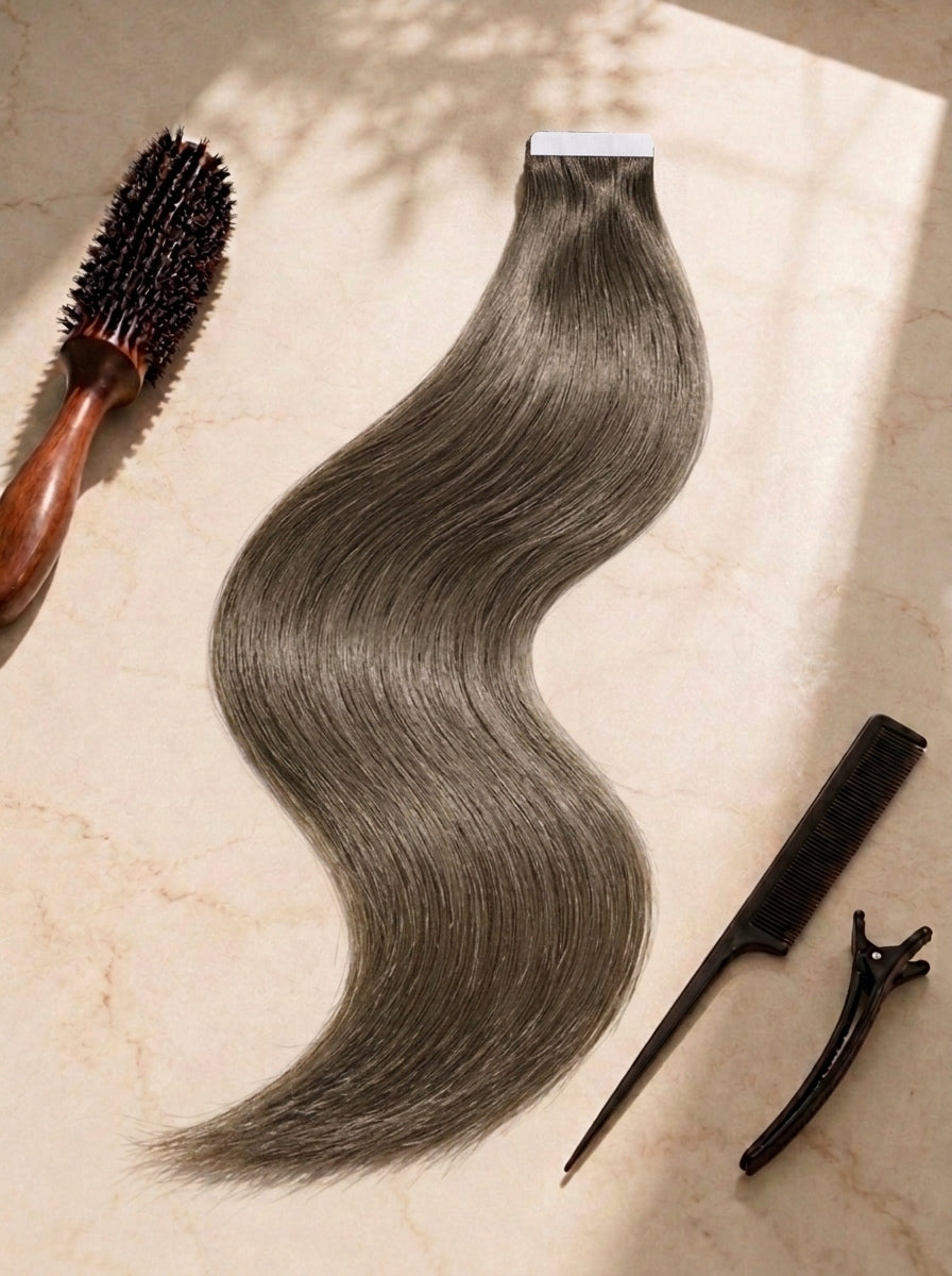 Straight tape-in hair extension piece, long ash gray wavy bundle with visible tape tabs