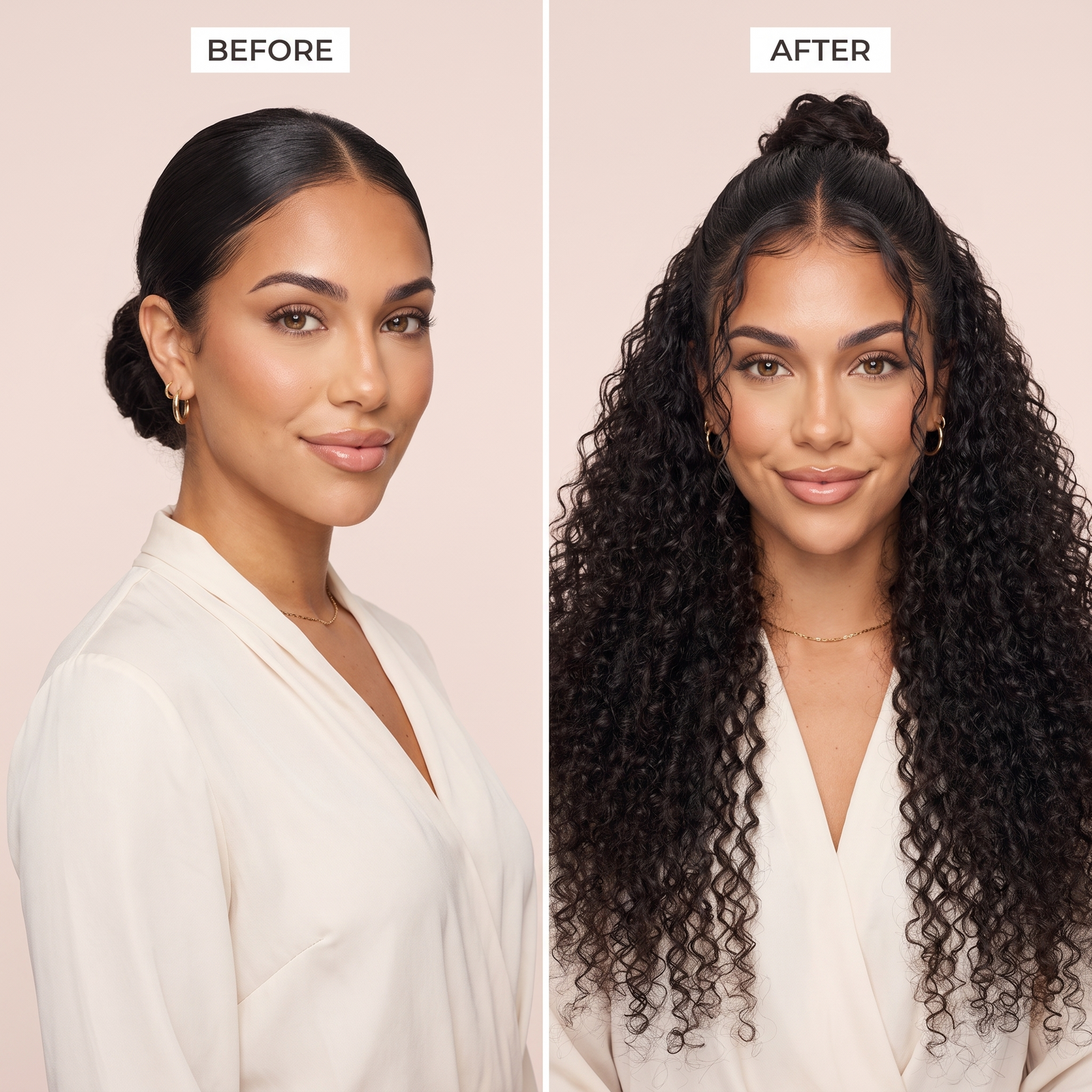 Curly lace wig before-and-after style with dark long ringlets on a model