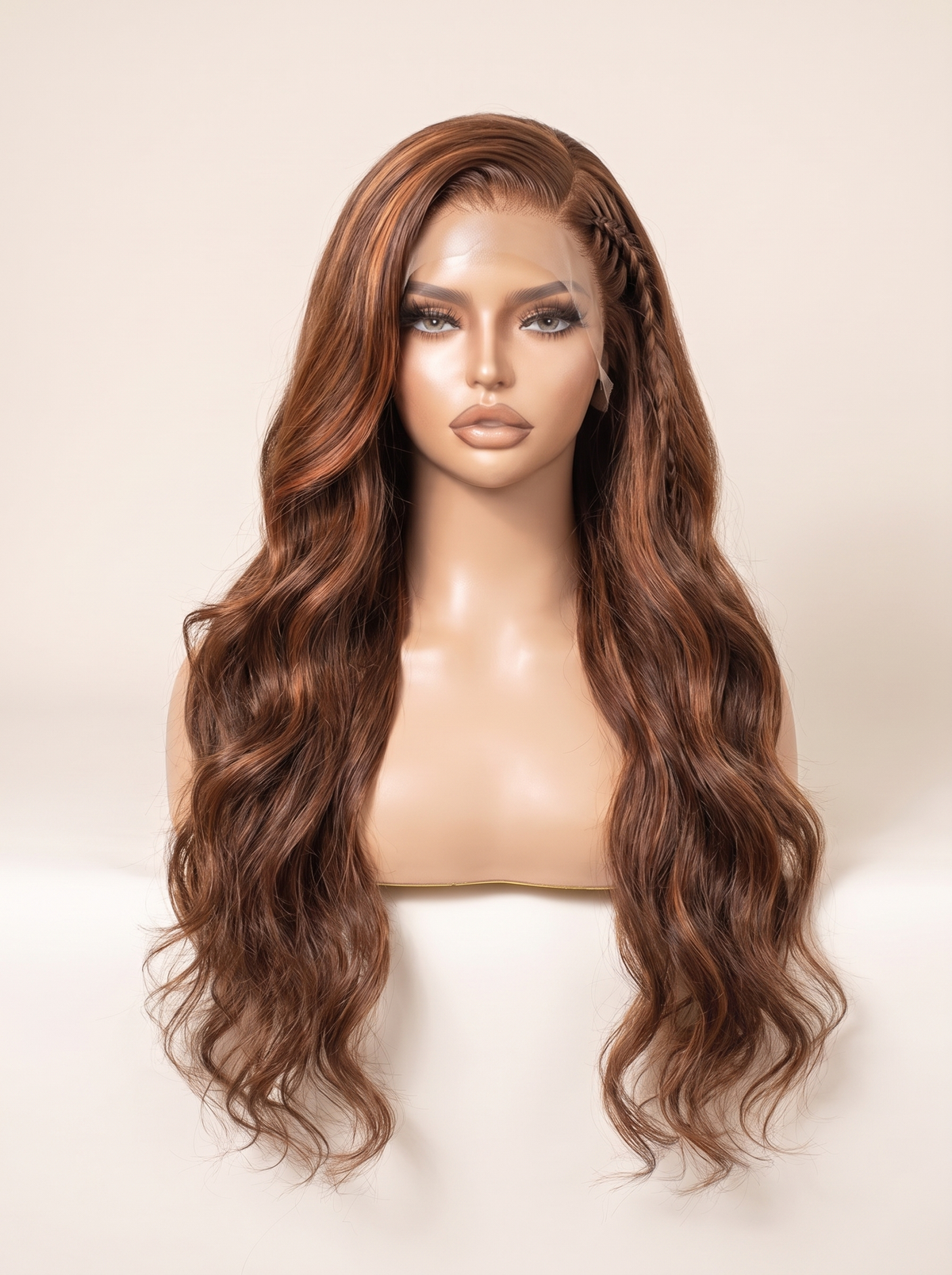 Long wavy lace front wig in auburn-brown with a center part and soft natural shine