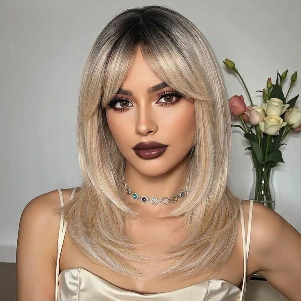 Synthetic wig with blonde curtain bangs, dark roots, long layered straight hair