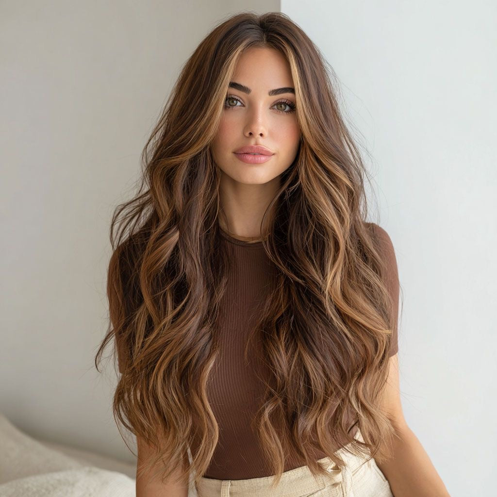 Long wavy chestnut-brown highlighted synthetic wig with layered curls