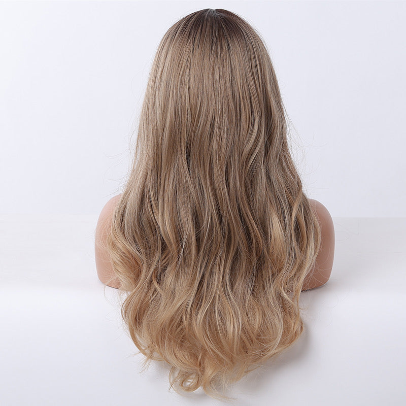 Long ash blonde ombre body wave synthetic blend wig, back view with loose wavy curls