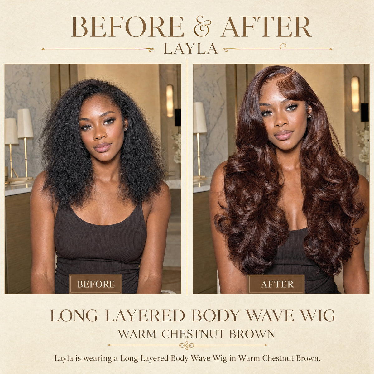 Long layered body wave lace wig in warm chestnut brown with soft curls