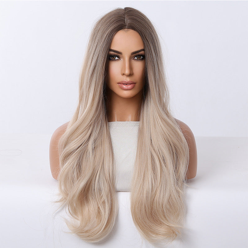 Blonde ombre synthetic wig, long wavy hair with center part and natural finish