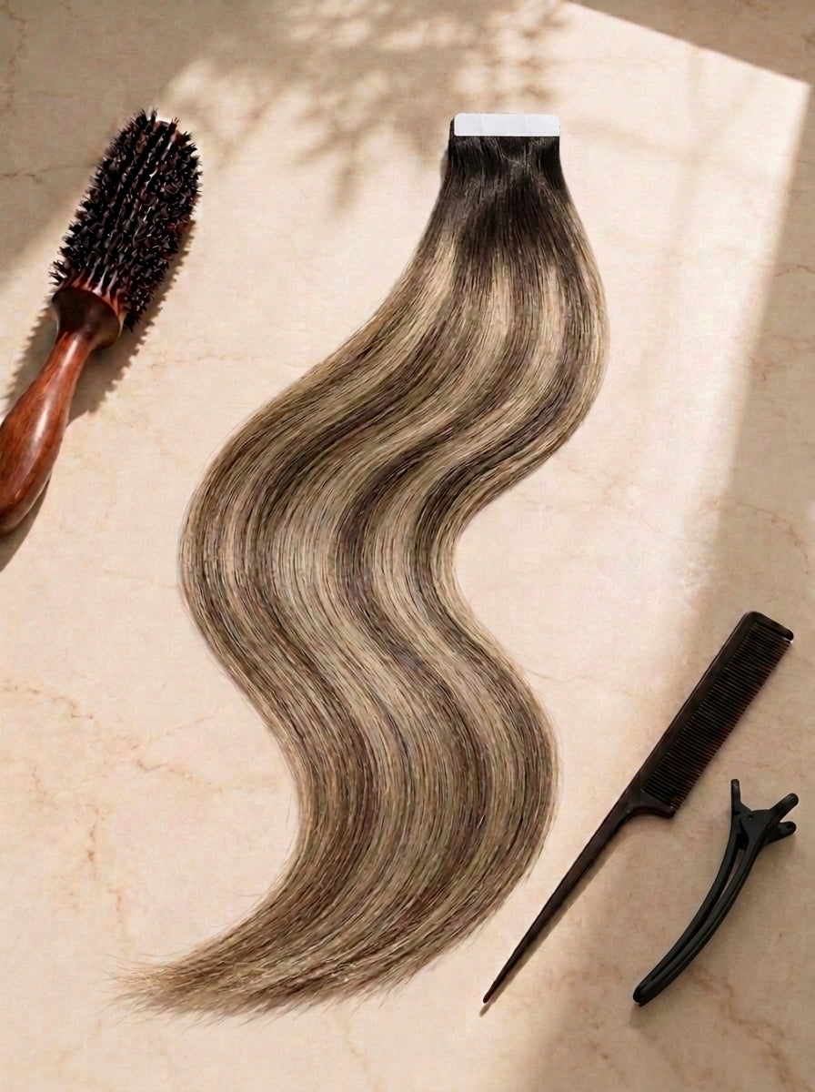 Straight tape-in extensions, long smooth waves, dark base with beige-blonde highlights, tape tab top.