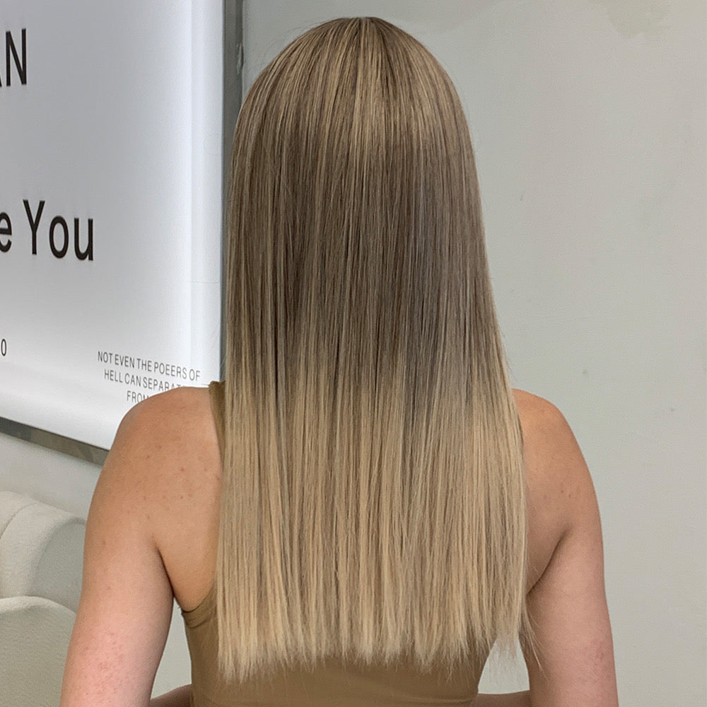 Long straight blonde wig with blunt bangs, long smooth back