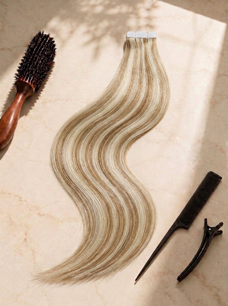 Straight tape-in extensions, long smooth waves, golden blonde, tape tab at top.