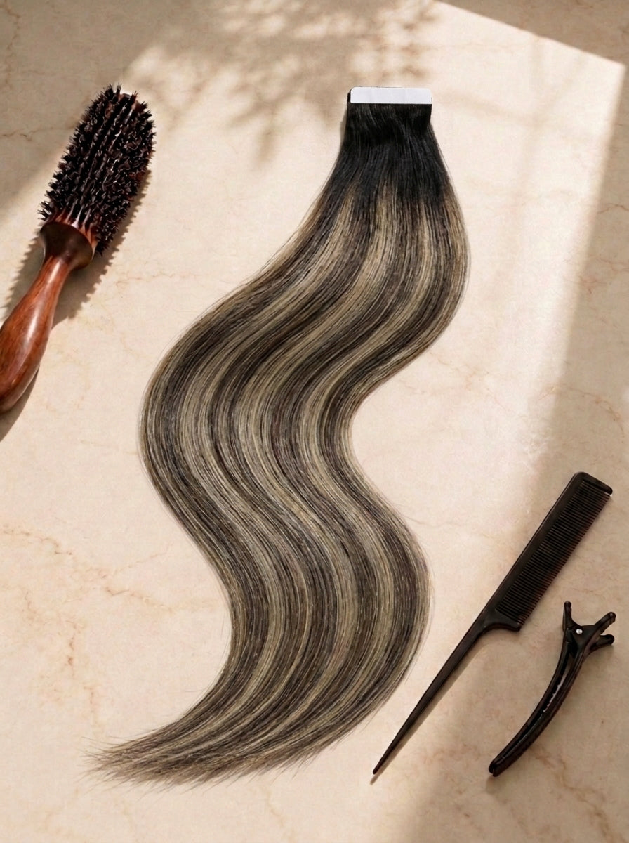 Straight tape-in hair extension, dark brown with cool ash highlights, visible tape strip